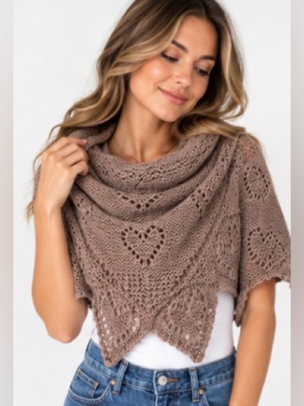 Heart Knit Shawl Wrap Taupe One Size
